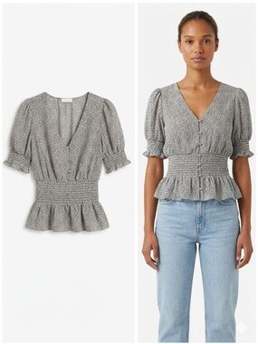 Sienna Sky Gray Ditsy Smocked Peplum V-Neck Blouse